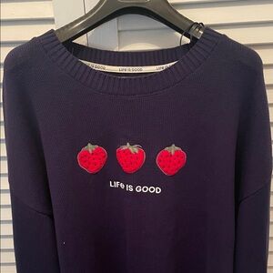 NWT Life Is Good Dark Blue Sweater with Strawberry Accents size XL